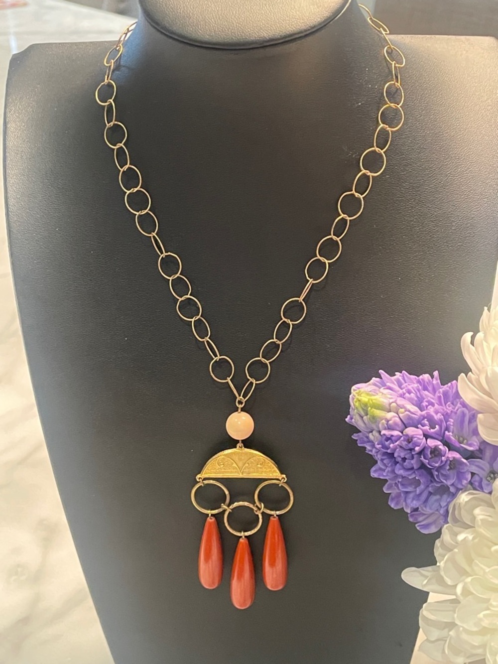 Gold-Tone Pendant Necklace with Peach and Coral Drop Accents